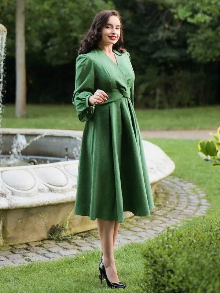 CM-DS422575 Women Elegant Seoul Style V-Neck Knot Puff Sleeve Long Sleeve A-Line Dress - Green