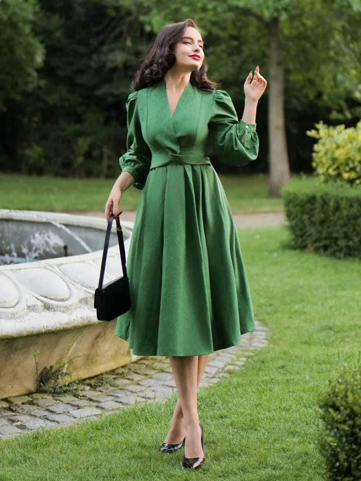 CM-DS422575 Women Elegant Seoul Style V-Neck Knot Puff Sleeve Long Sleeve A-Line Dress - Green