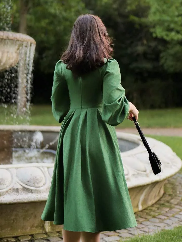 CM-DS422575 Women Elegant Seoul Style V-Neck Knot Puff Sleeve Long Sleeve A-Line Dress - Green