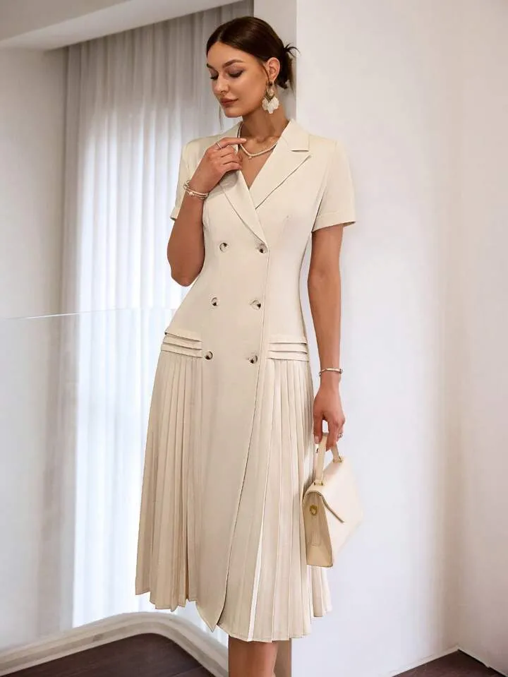 CM-DS796631 Women Elegant Seoul Style Solid Color Short Sleeve Pleated Hem Midi Dress - Apricot