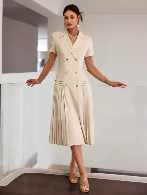 CM-DS796631 Women Elegant Seoul Style Solid Color Short Sleeve Pleated Hem Midi Dress - Apricot