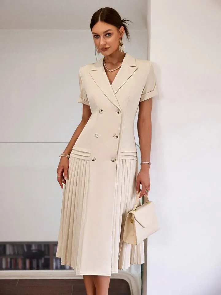 CM-DS796631 Women Elegant Seoul Style Solid Color Short Sleeve Pleated Hem Midi Dress - Apricot