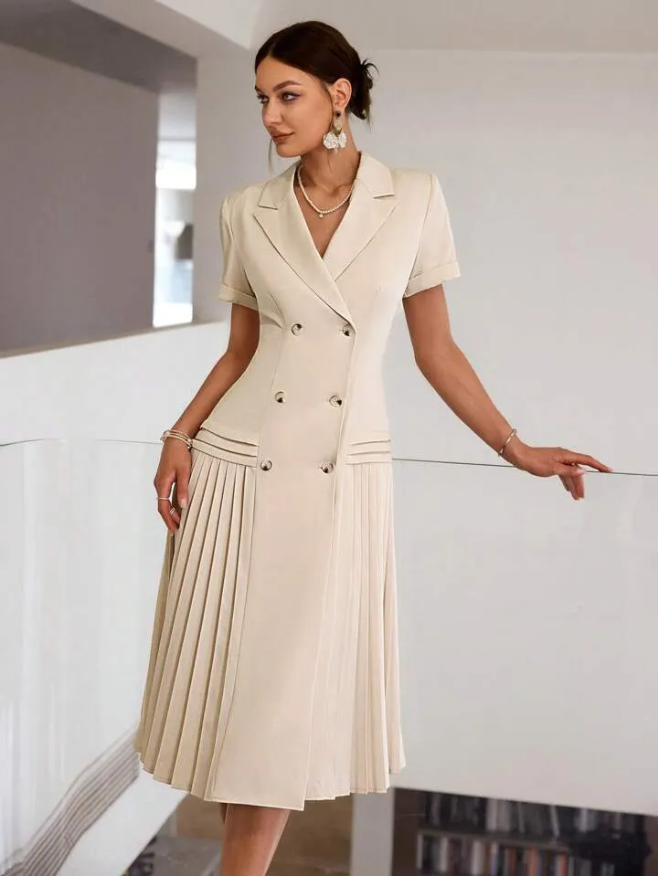 CM-DS796631 Women Elegant Seoul Style Solid Color Short Sleeve Pleated Hem Midi Dress - Apricot