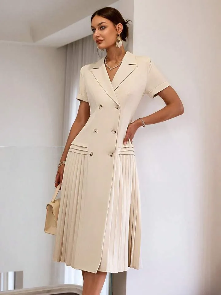 CM-DS796631 Women Elegant Seoul Style Solid Color Short Sleeve Pleated Hem Midi Dress - Apricot