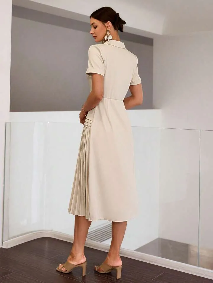 CM-DS796631 Women Elegant Seoul Style Solid Color Short Sleeve Pleated Hem Midi Dress - Apricot