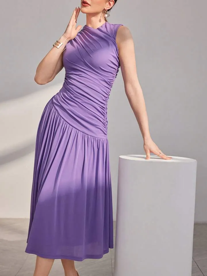 CM-DS870897 Women Elegant Seoul Style Stand Collar Pleated Sleeveless Dress - Mauve Purple
