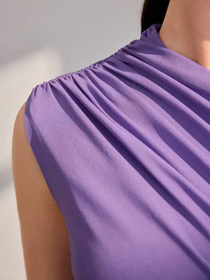CM-DS870897 Women Elegant Seoul Style Stand Collar Pleated Sleeveless Dress - Mauve Purple