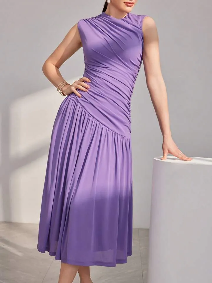 CM-DS870897 Women Elegant Seoul Style Stand Collar Pleated Sleeveless Dress - Mauve Purple