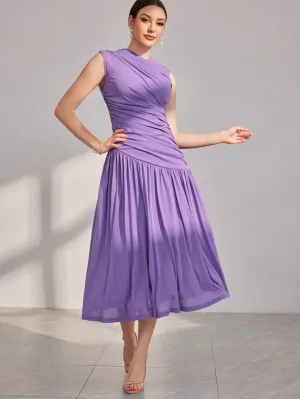 CM-DS870897 Women Elegant Seoul Style Stand Collar Pleated Sleeveless Dress - Mauve Purple