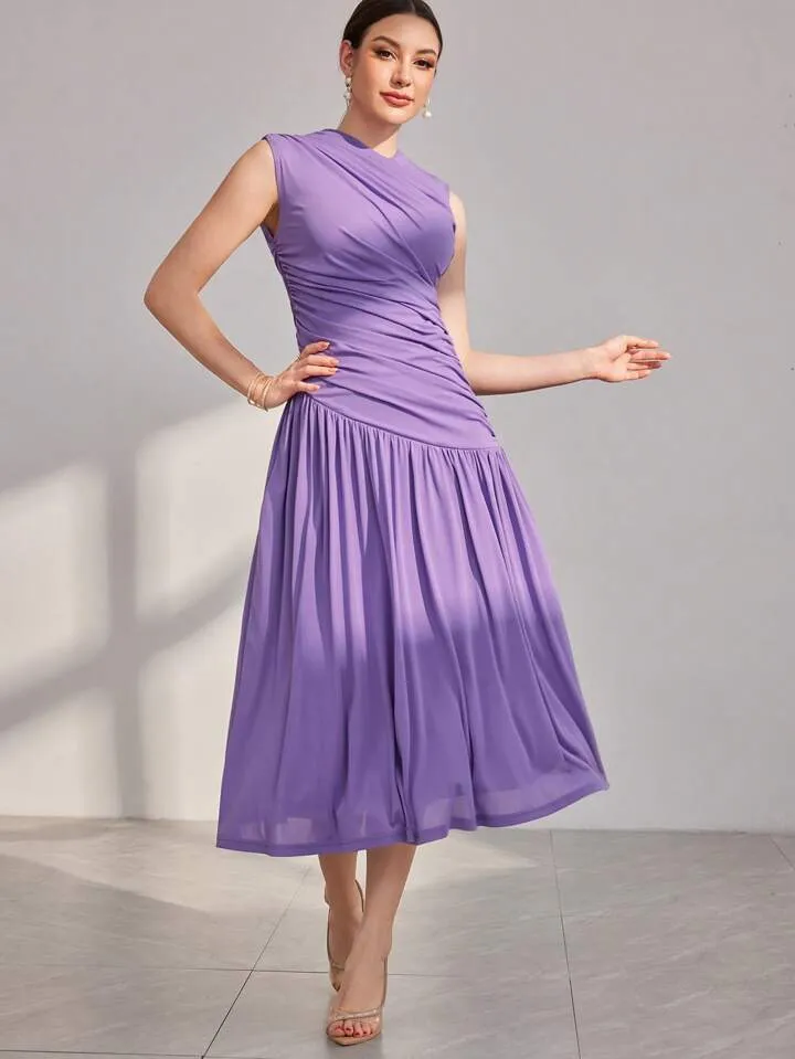 CM-DS870897 Women Elegant Seoul Style Stand Collar Pleated Sleeveless Dress - Mauve Purple