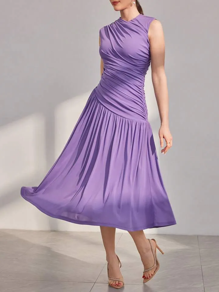 CM-DS870897 Women Elegant Seoul Style Stand Collar Pleated Sleeveless Dress - Mauve Purple