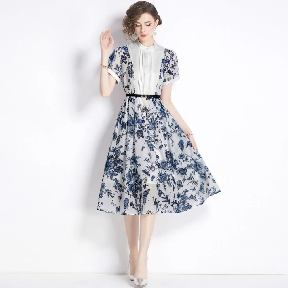 CM-DY007691 Women Casual European Style Stand Collar Short Sleeve Print Dress