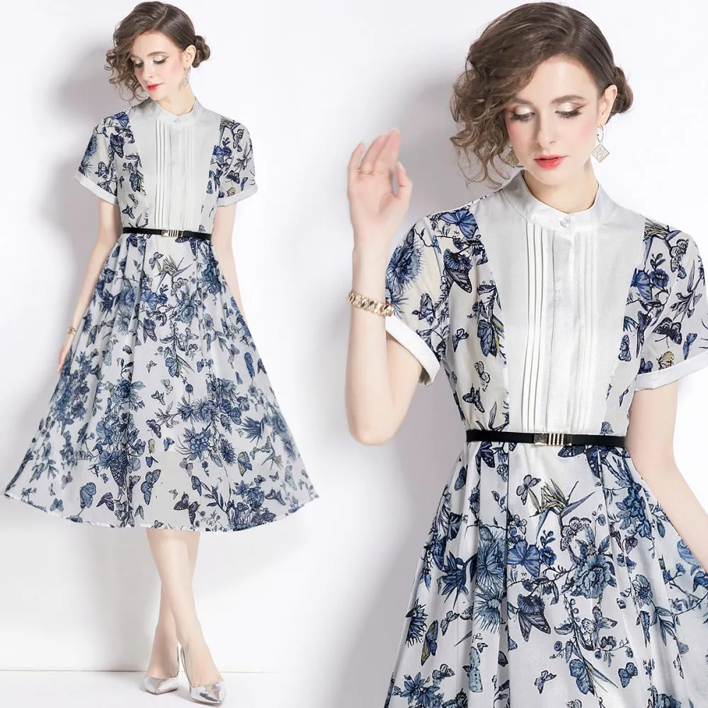 CM-DY007691 Women Casual European Style Stand Collar Short Sleeve Print Dress