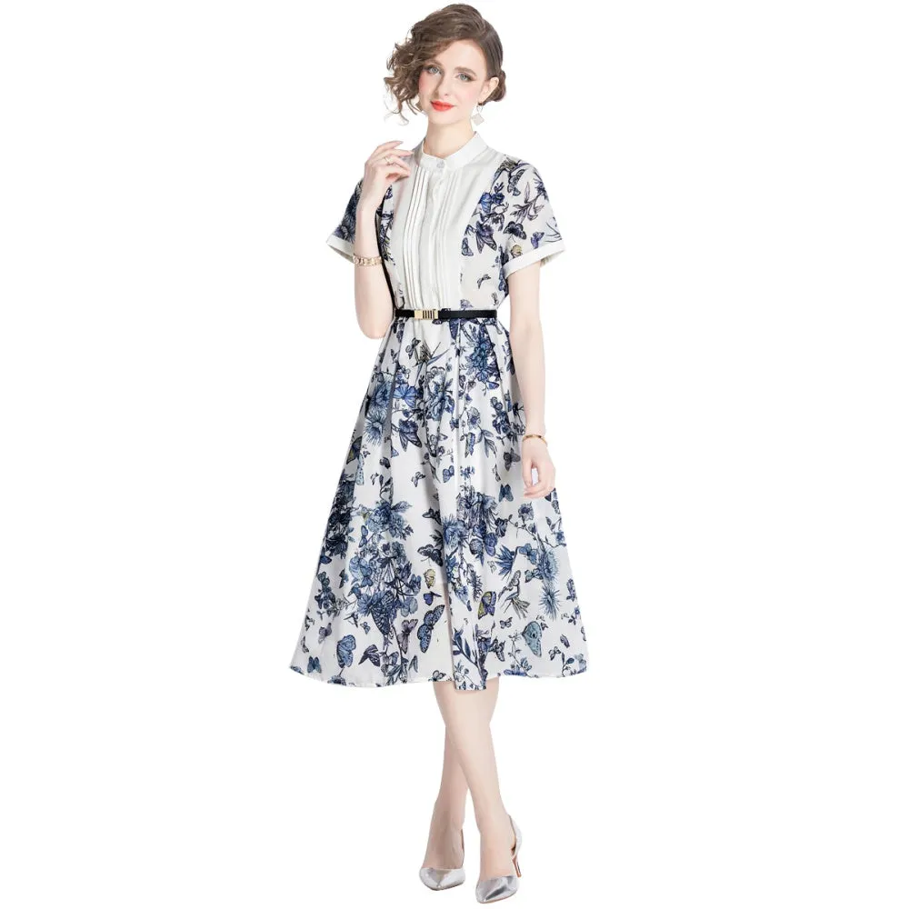 CM-DY007691 Women Casual European Style Stand Collar Short Sleeve Print Dress