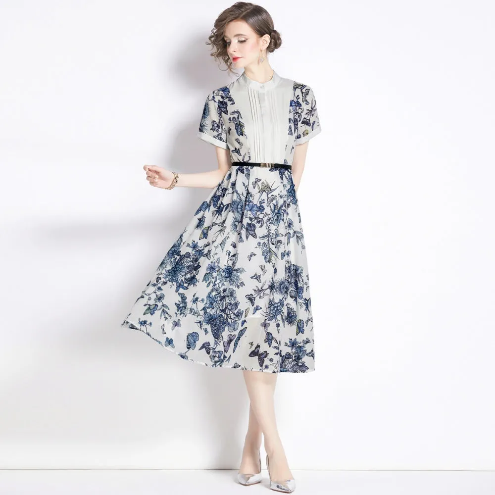 CM-DY007691 Women Casual European Style Stand Collar Short Sleeve Print Dress