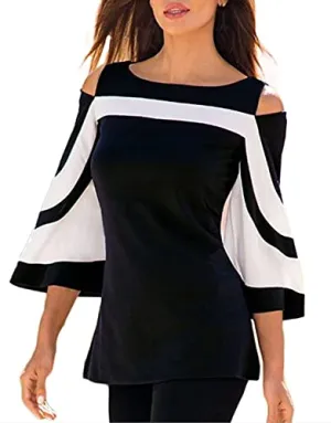 Colorblock Bell Sleeve Cold Shoulder Top