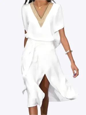 Cora - Modern White V-neck Woman's Midi Dress