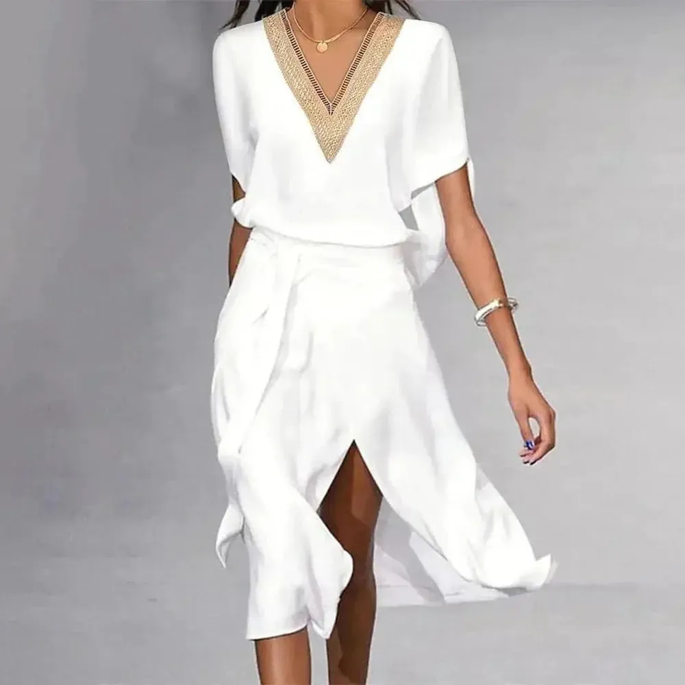 Cora - Modern White V-neck Woman's Midi Dress