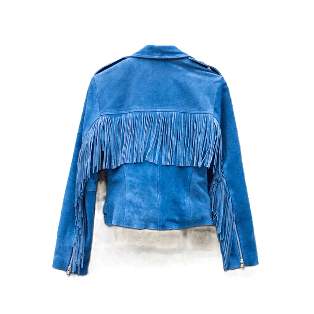 Cowgirl Western Fringe Blue Suede Leather Biker Jacket for Women LBJ309