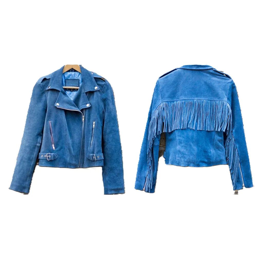 Cowgirl Western Fringe Blue Suede Leather Biker Jacket for Women LBJ309