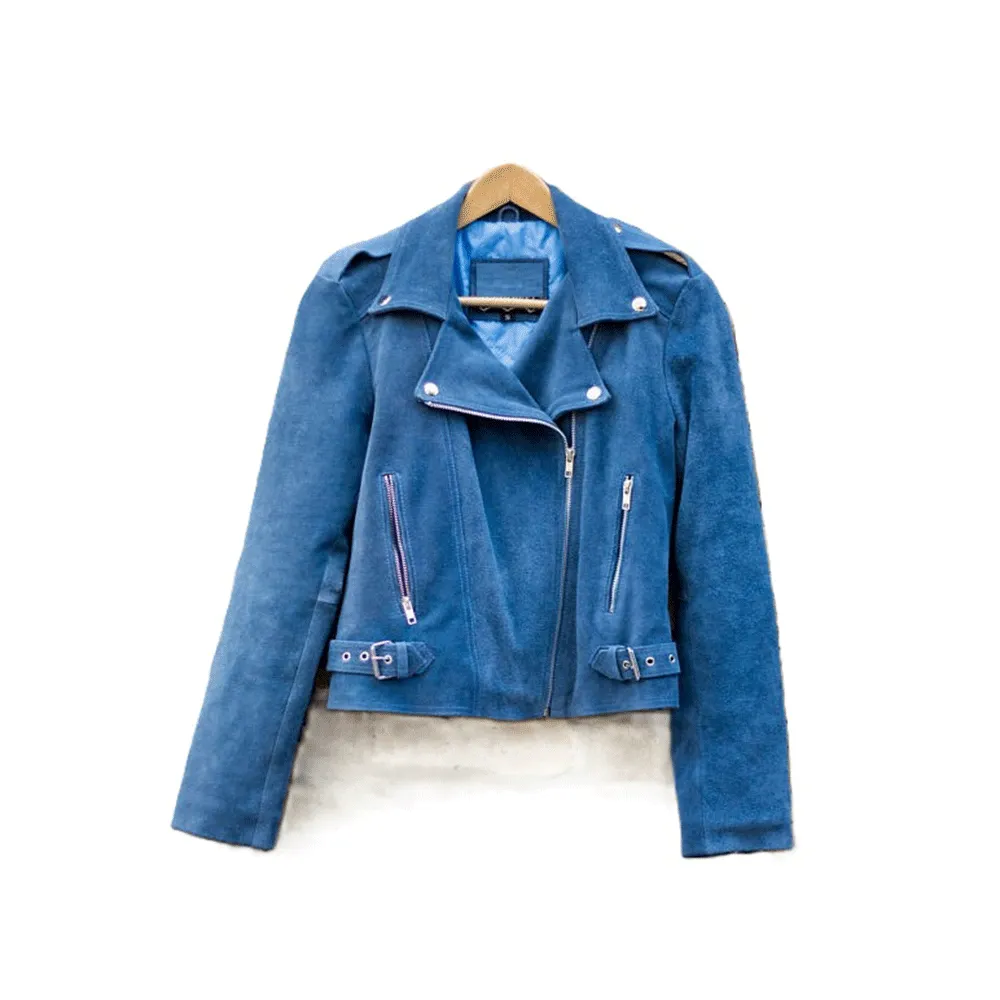 Cowgirl Western Fringe Blue Suede Leather Biker Jacket for Women LBJ309