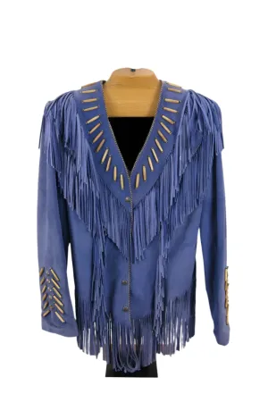 Cowgirl Western Fringe Blue Suede Leather Jacket for Women LBJ314