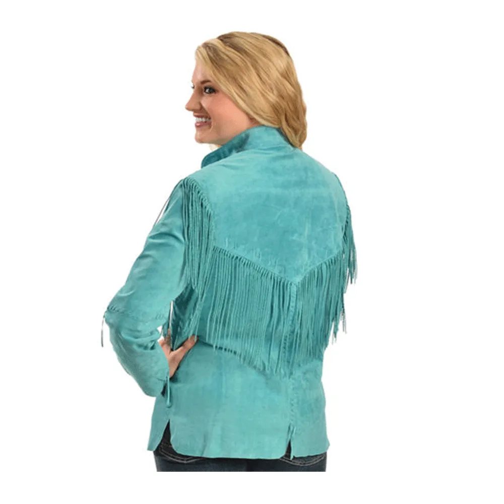 Cowgirl Western Fringe Turquoise Blue Suede Leather Jacket for Women LBJ308