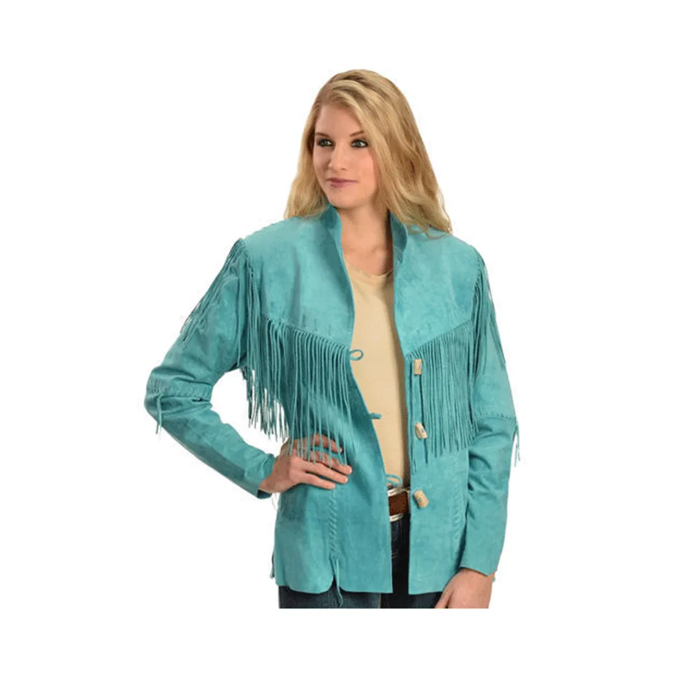 Cowgirl Western Fringe Turquoise Blue Suede Leather Jacket for Women LBJ308