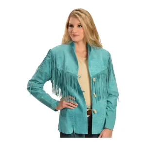 Cowgirl Western Fringe Turquoise Blue Suede Leather Jacket for Women LBJ308