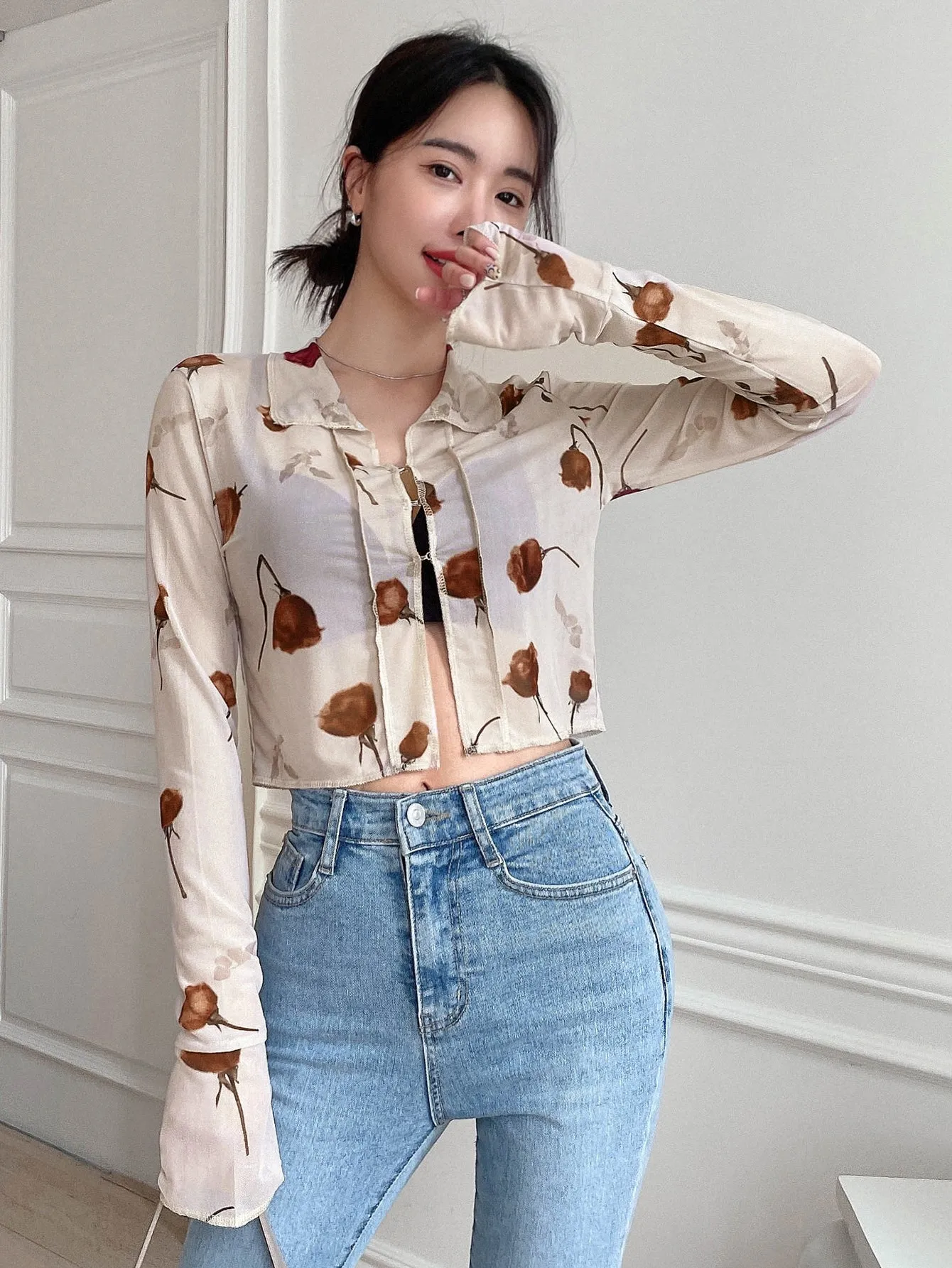 DAZY Floral Print Tie Front Crop Mesh Shirt