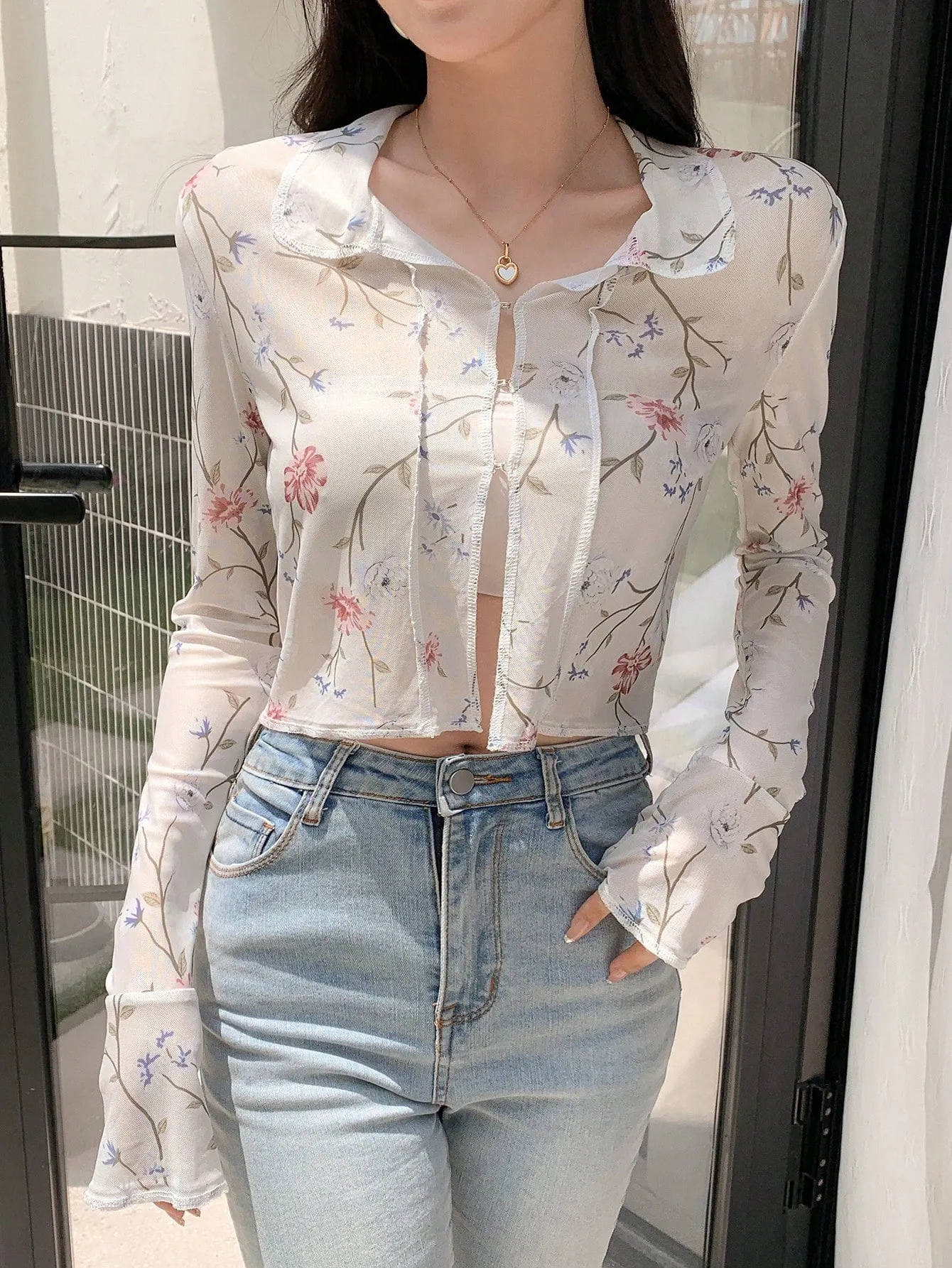 DAZY Floral Print Tie Front Crop Mesh Shirt