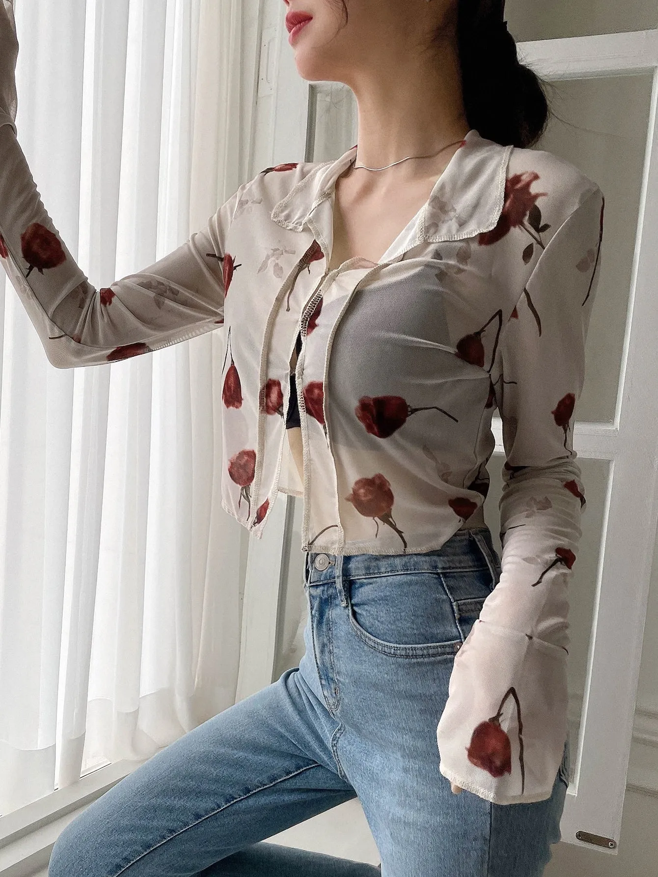 DAZY Floral Print Tie Front Crop Mesh Shirt
