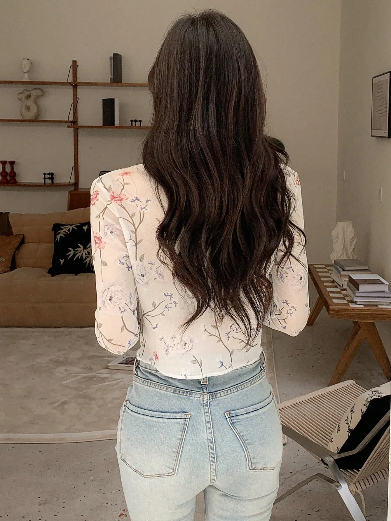 DAZY Floral Print Tie Front Crop Mesh Shirt