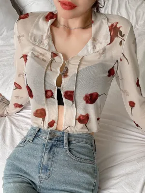 DAZY Floral Print Tie Front Crop Mesh Shirt