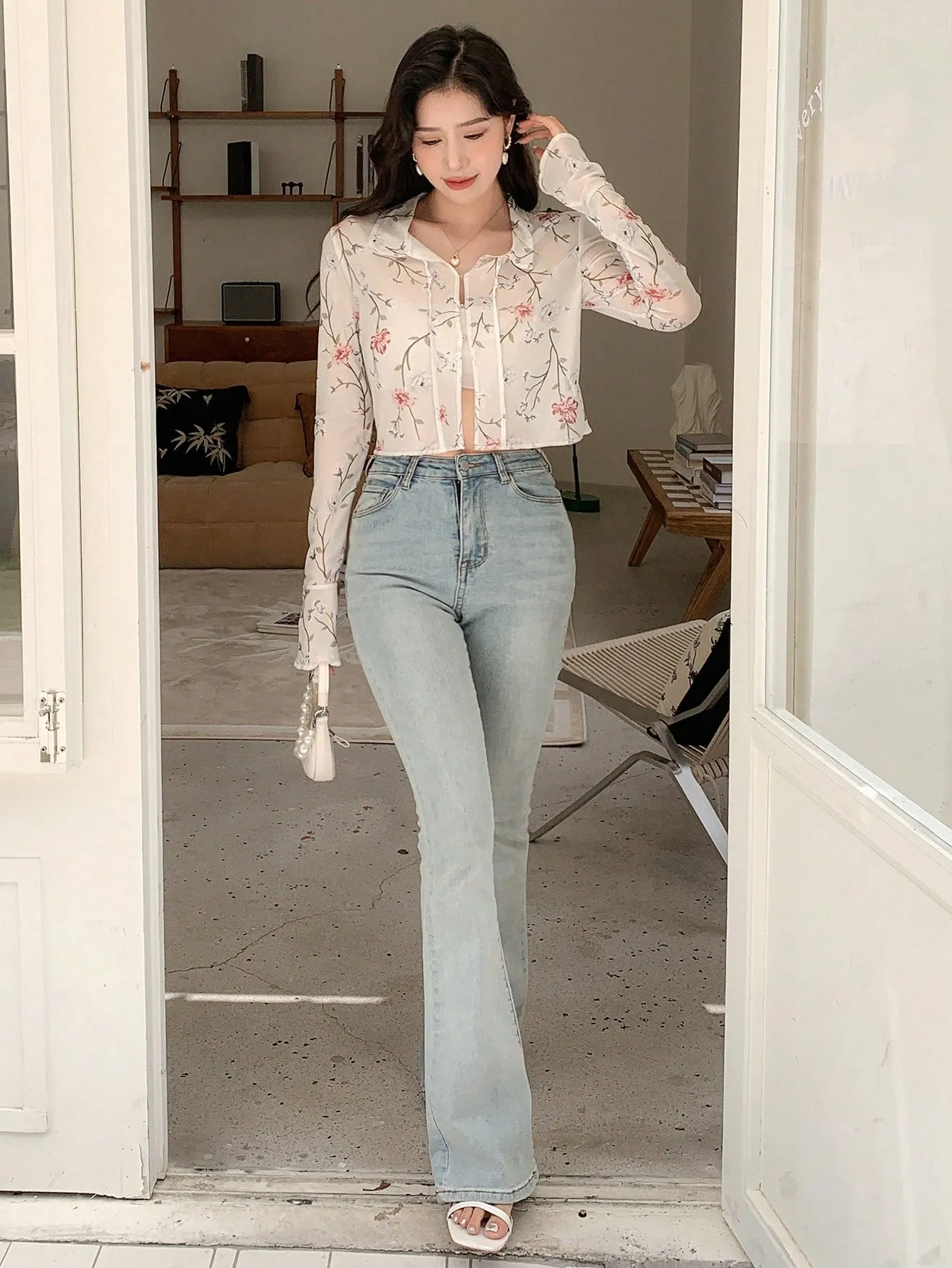 DAZY Floral Print Tie Front Crop Mesh Shirt
