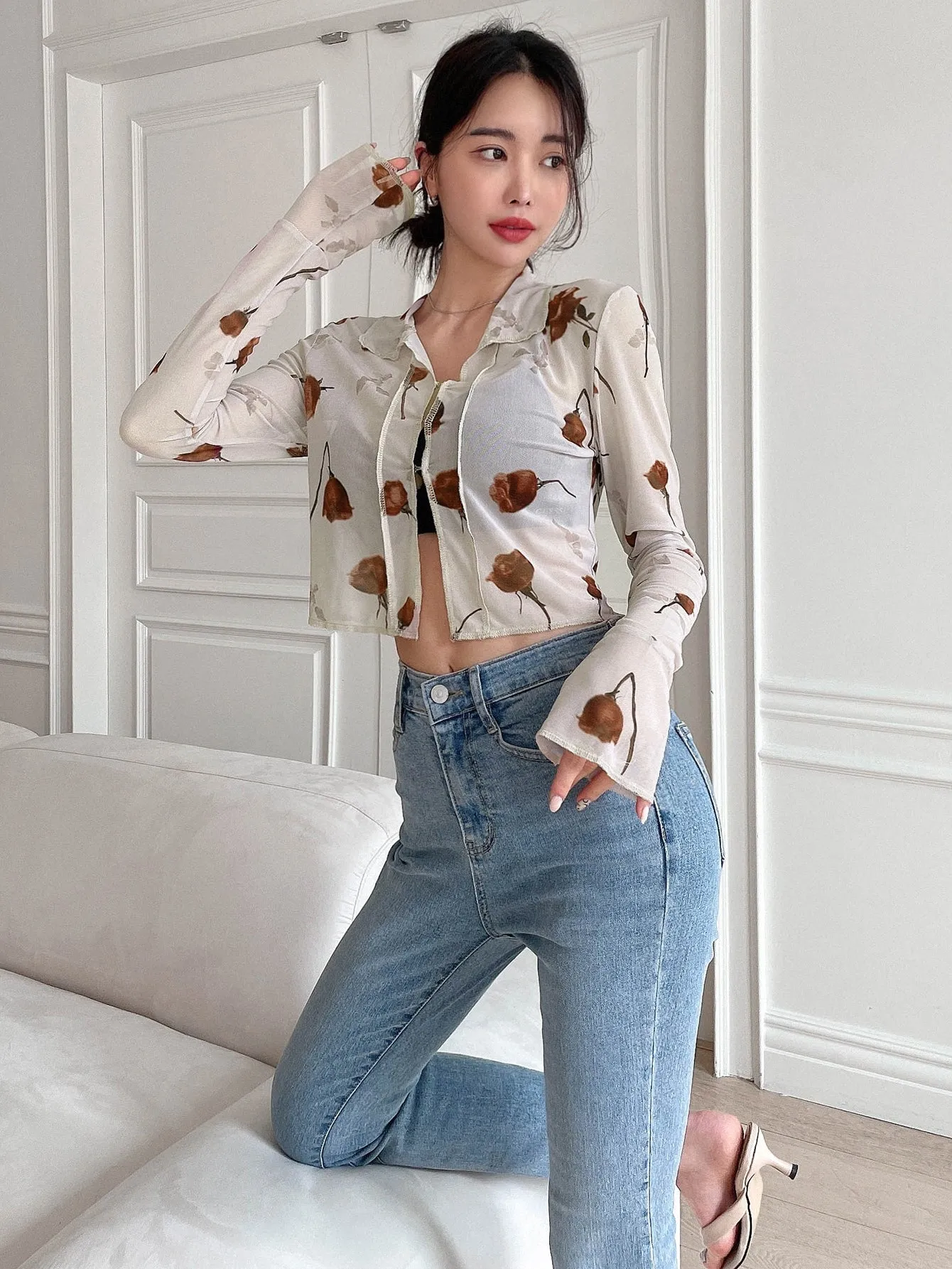 DAZY Floral Print Tie Front Crop Mesh Shirt
