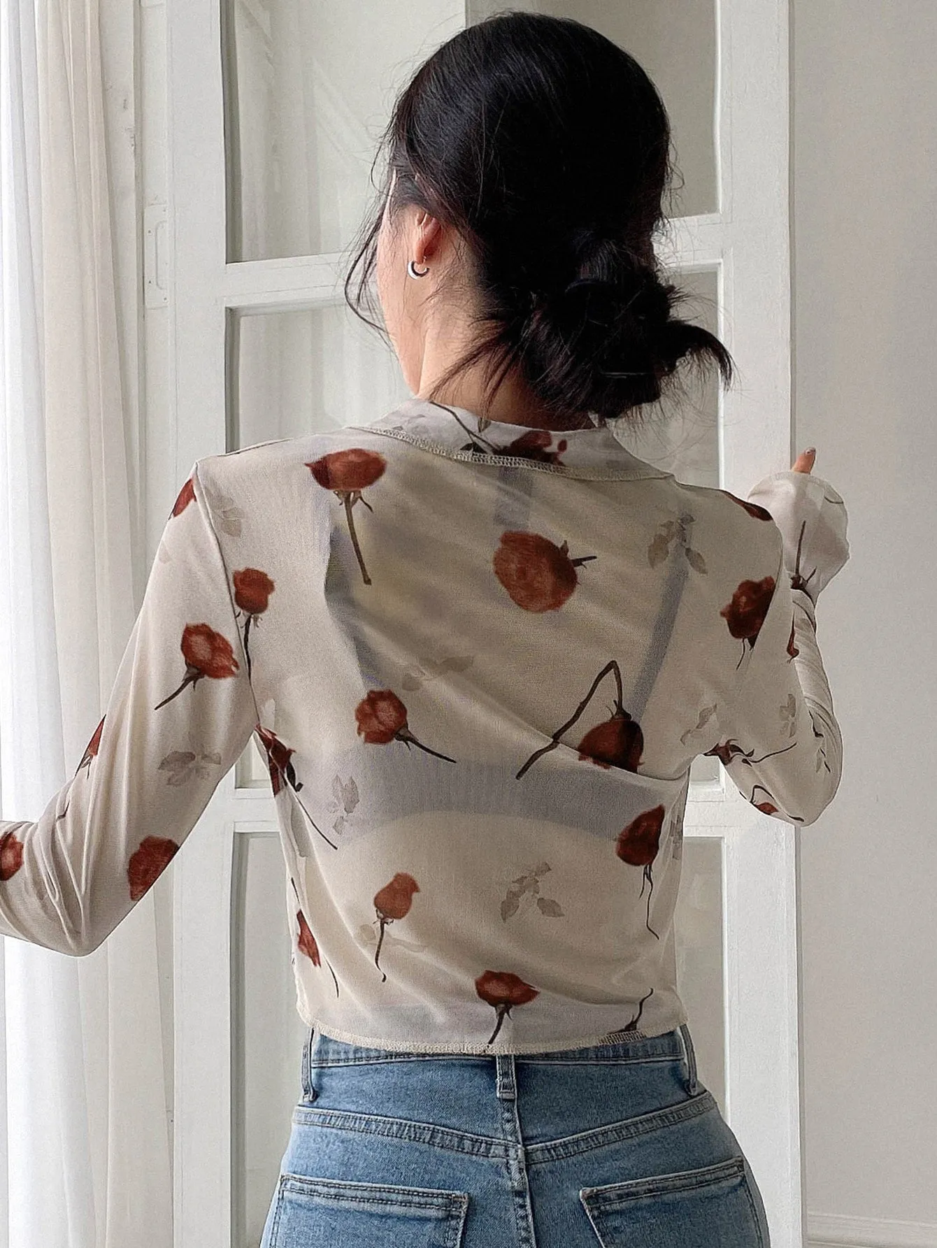 DAZY Floral Print Tie Front Crop Mesh Shirt