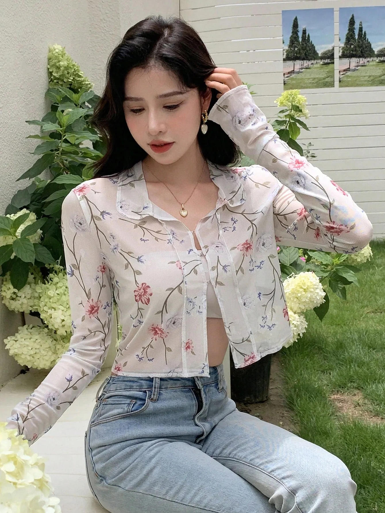 DAZY Floral Print Tie Front Crop Mesh Shirt