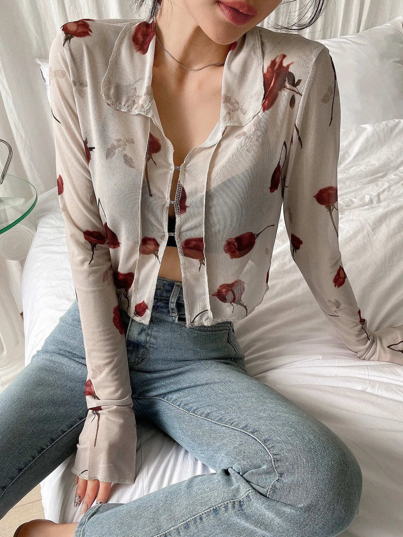DAZY Floral Print Tie Front Crop Mesh Shirt