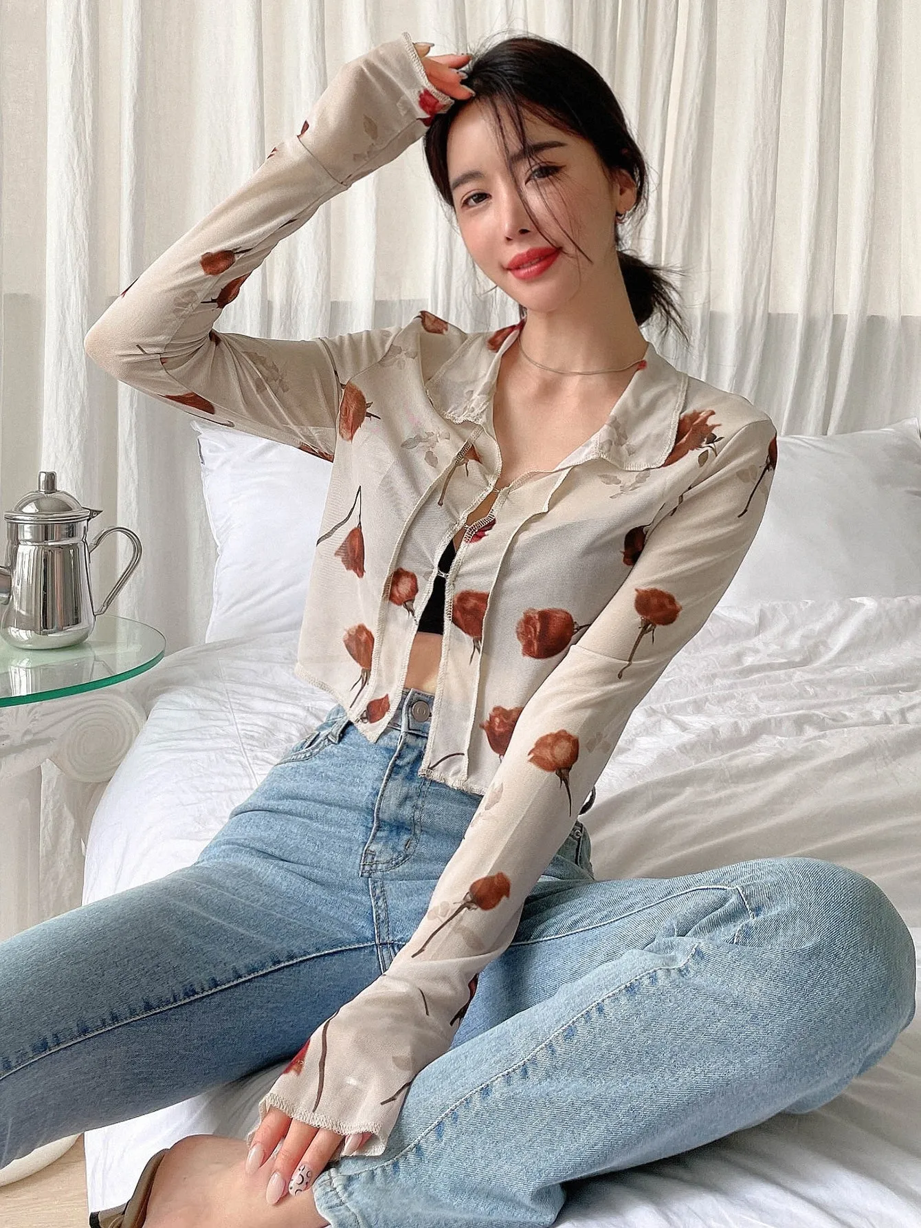 DAZY Floral Print Tie Front Crop Mesh Shirt