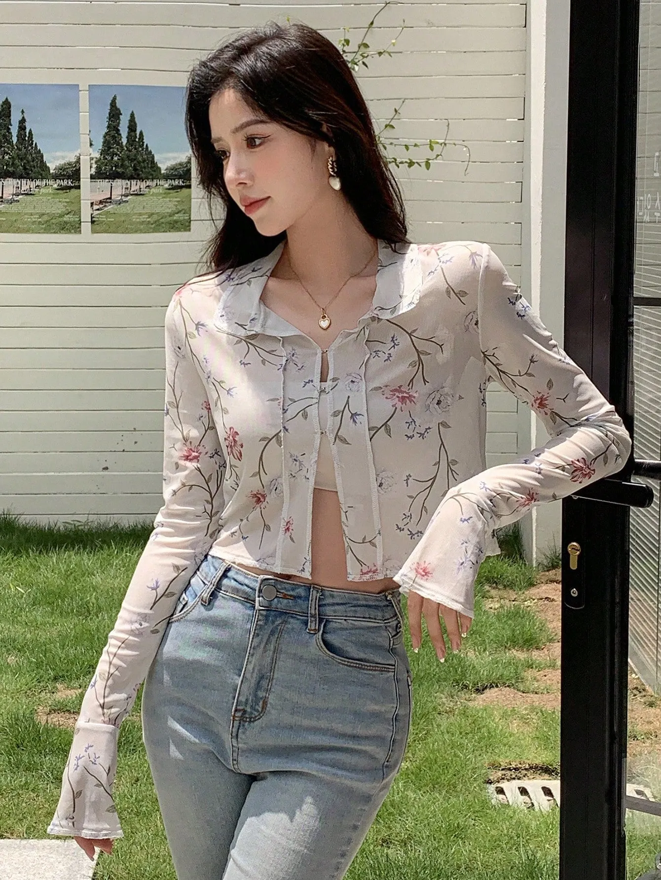 DAZY Floral Print Tie Front Crop Mesh Shirt