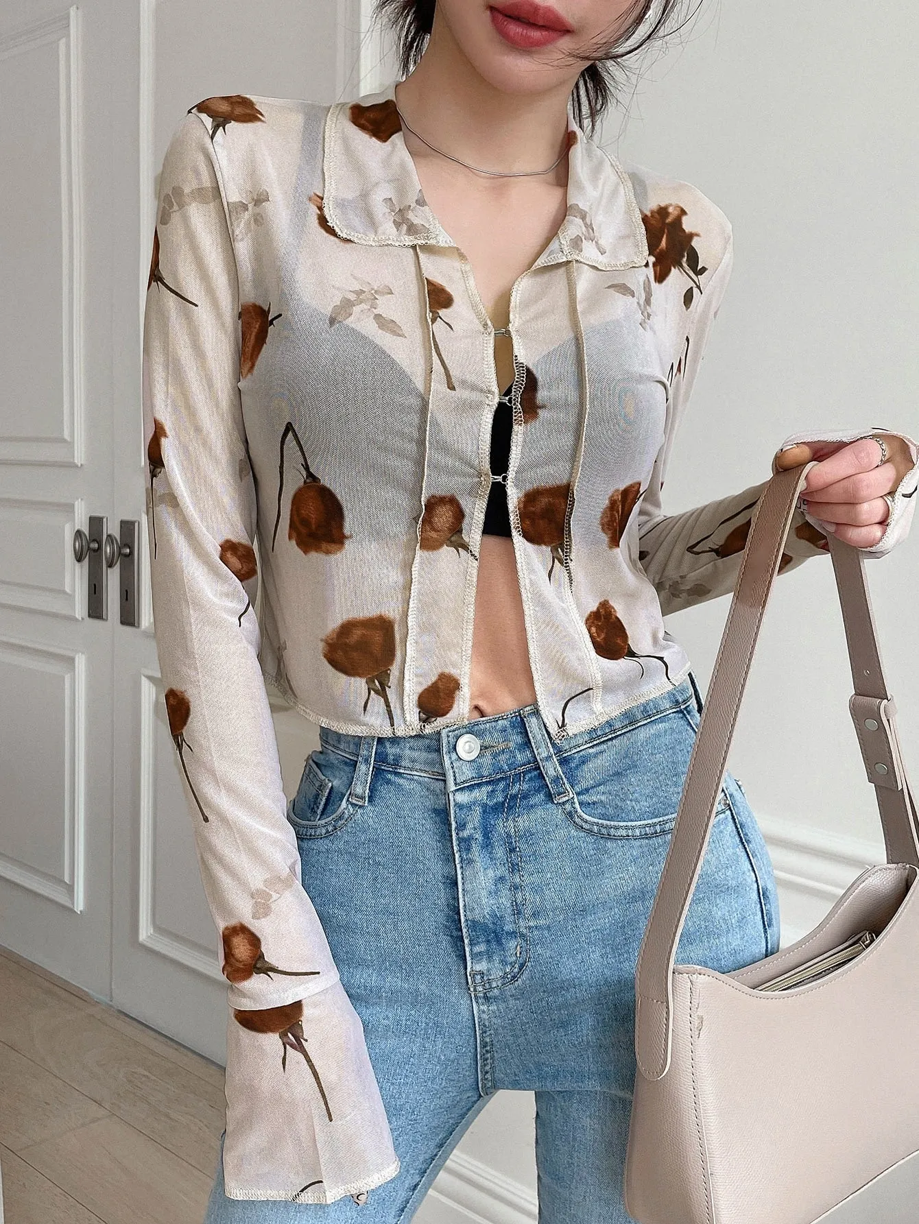 DAZY Floral Print Tie Front Crop Mesh Shirt