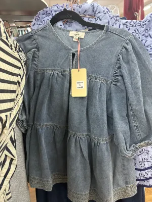 DENIM TIERED BLOUSE W/TIE NECK