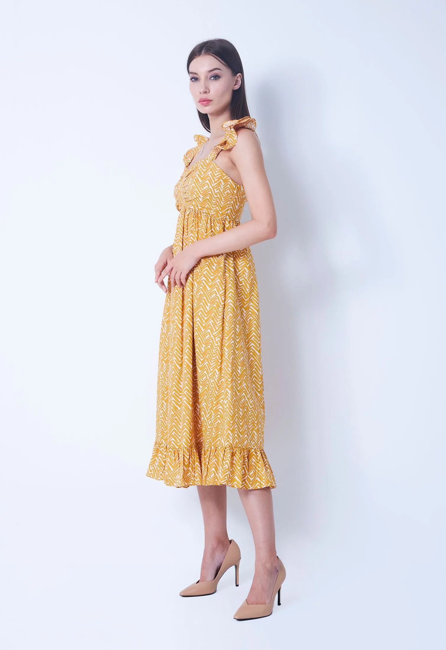 Ditsy Zigzag Flutter Sleeve Dress