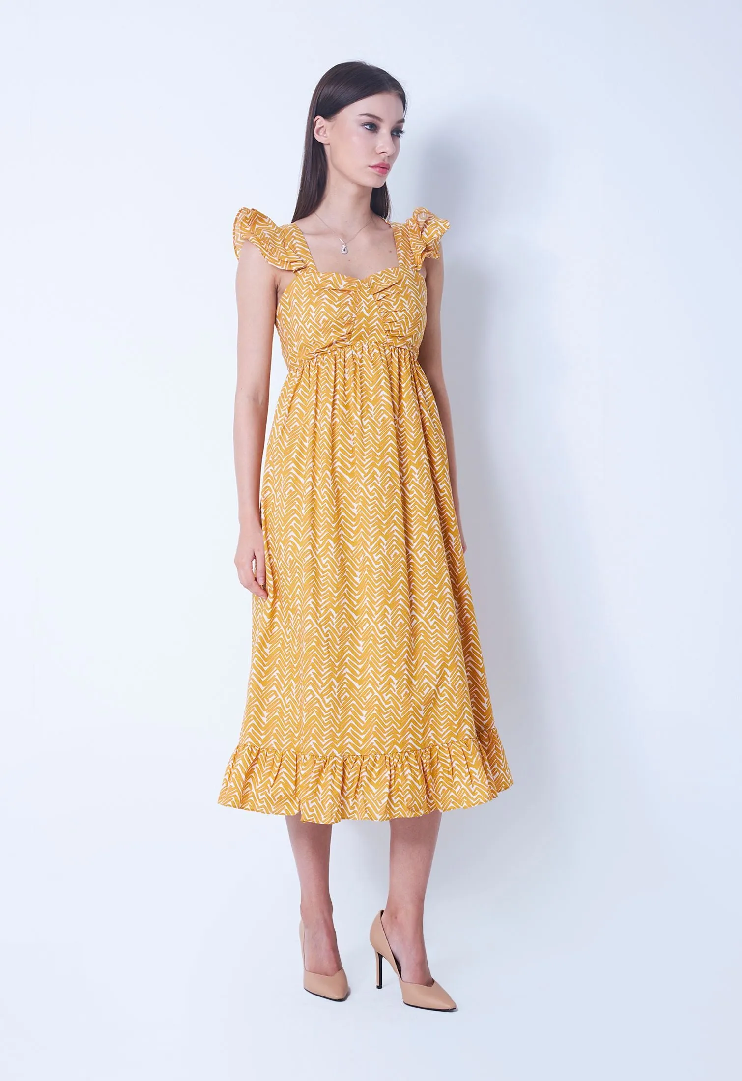 Ditsy Zigzag Flutter Sleeve Dress