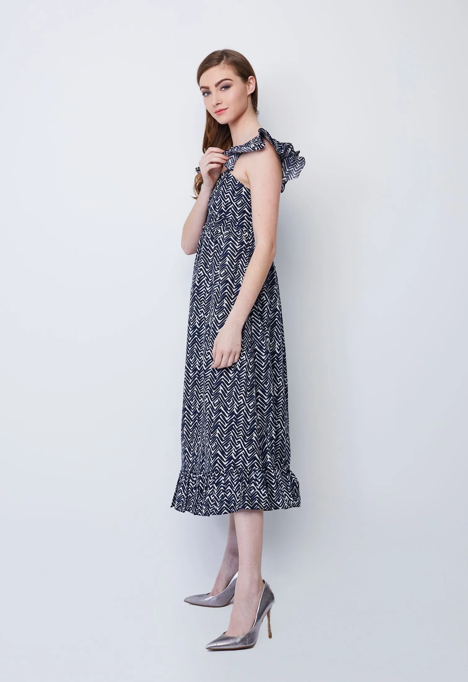 Ditsy Zigzag Flutter Sleeve Dress