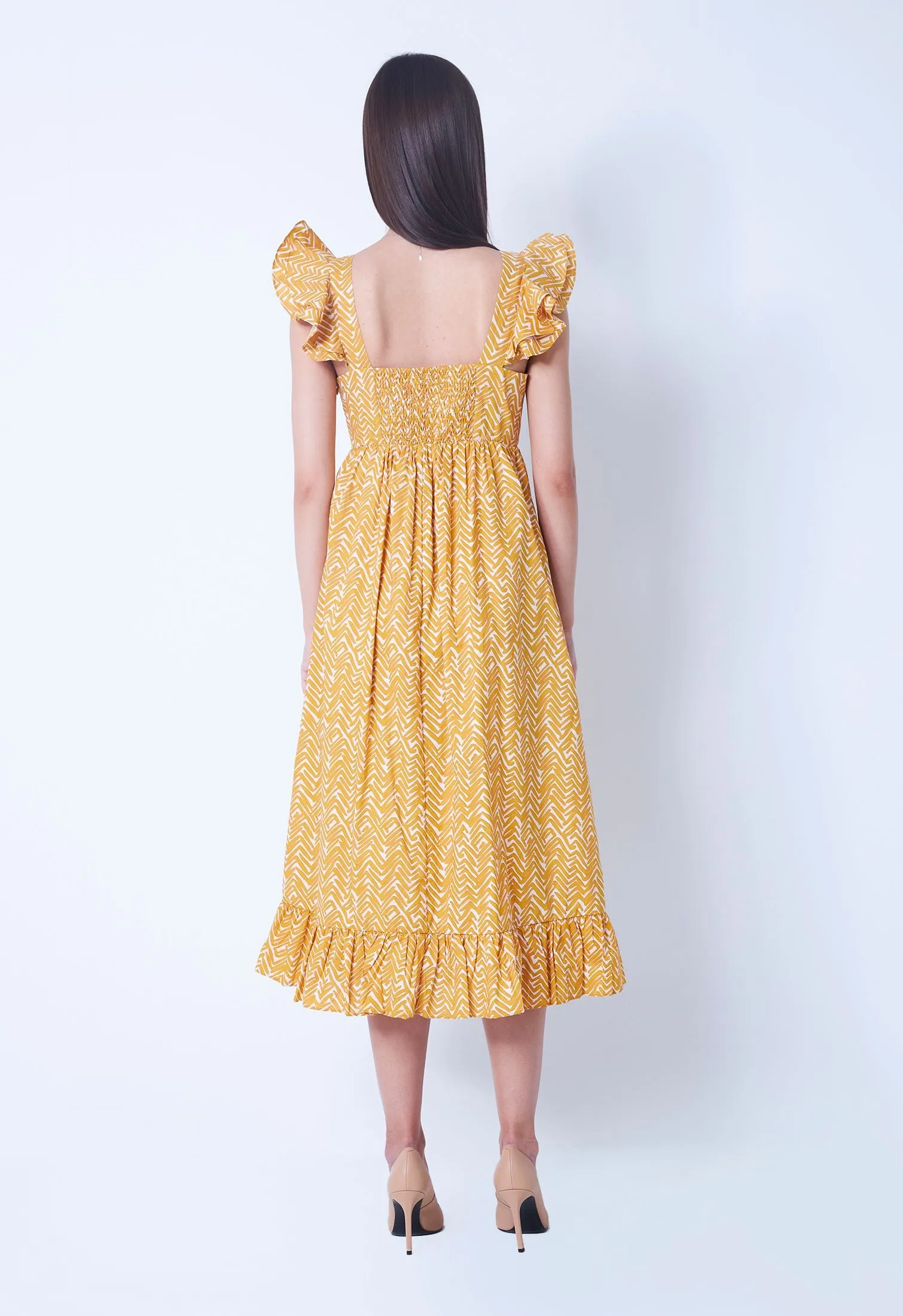 Ditsy Zigzag Flutter Sleeve Dress