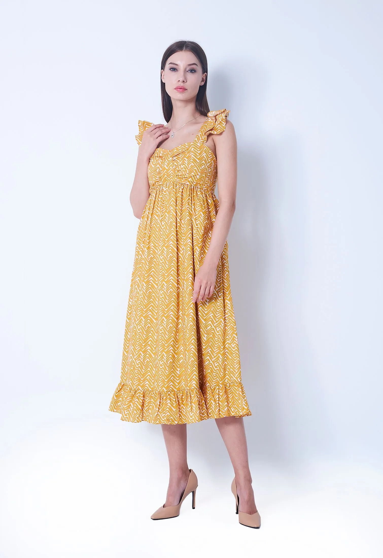 Ditsy Zigzag Flutter Sleeve Dress