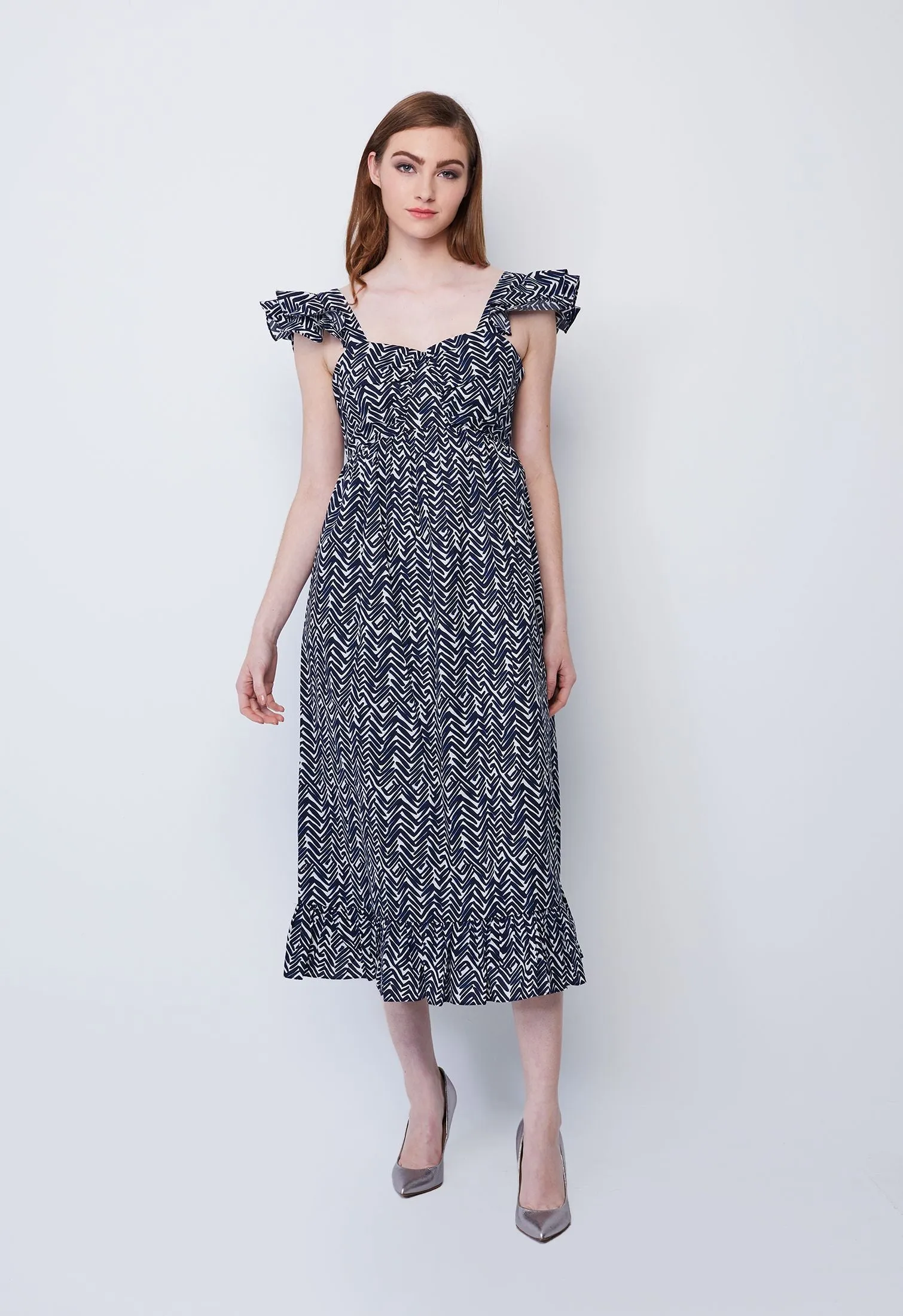 Ditsy Zigzag Flutter Sleeve Dress