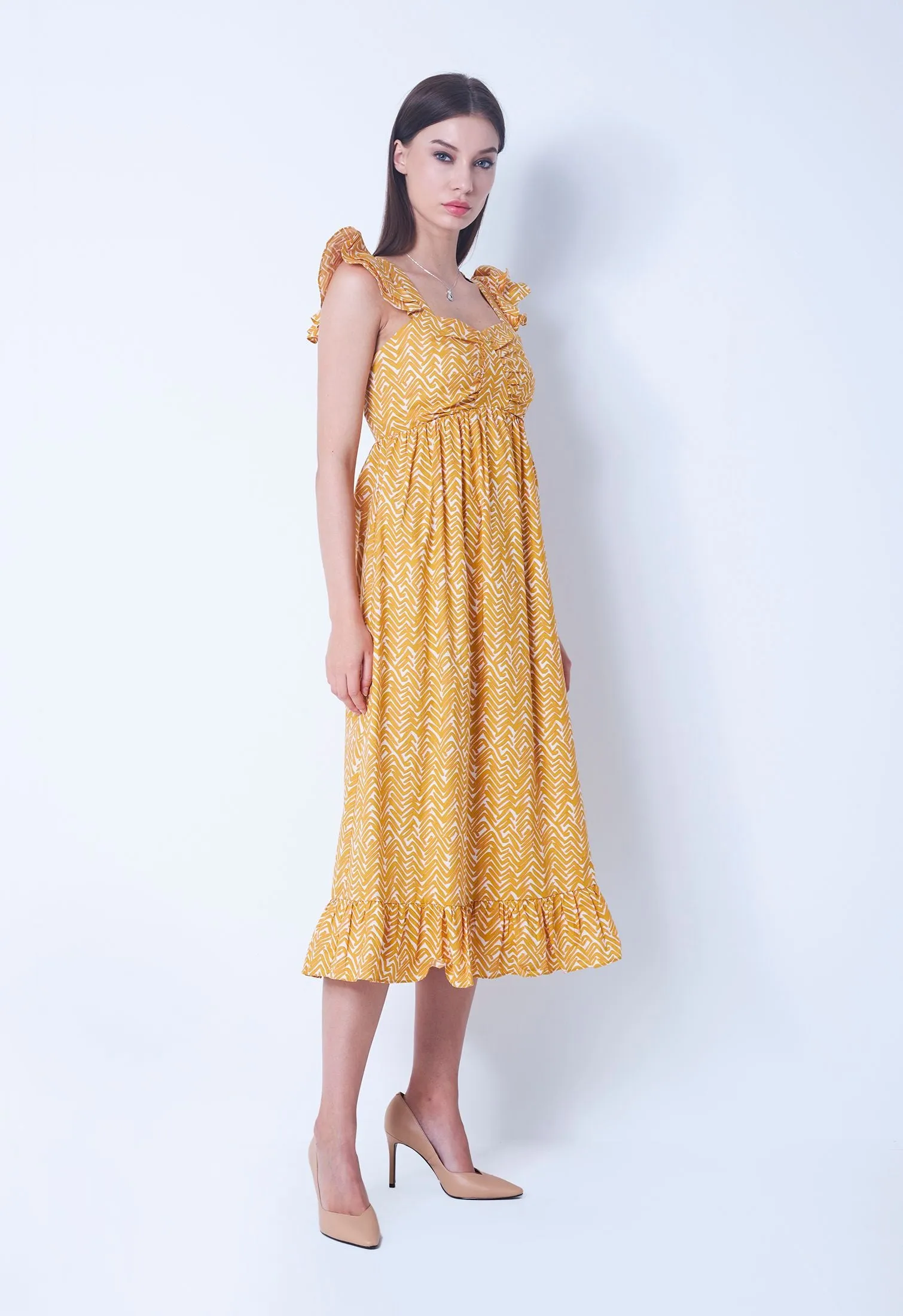Ditsy Zigzag Flutter Sleeve Dress